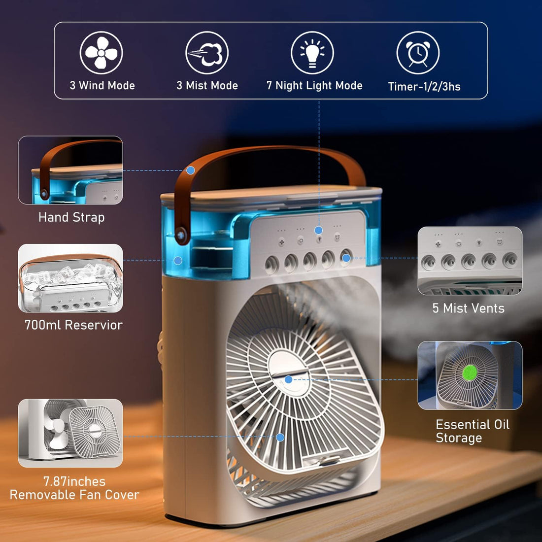 Portable Air Conditioner Fan Large Size Usb Electric Fan With Led Night Light, Fine Mist Water, And Humidifier Function|(random Color)